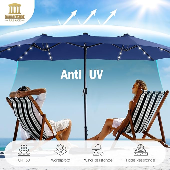 HERA'S PALACE 15ft Patio Umbrella with Base Included Double Sided Outdoor Umbrella for Patio Table Umbrella Outdoor 36 LED Solar Lights for Garden