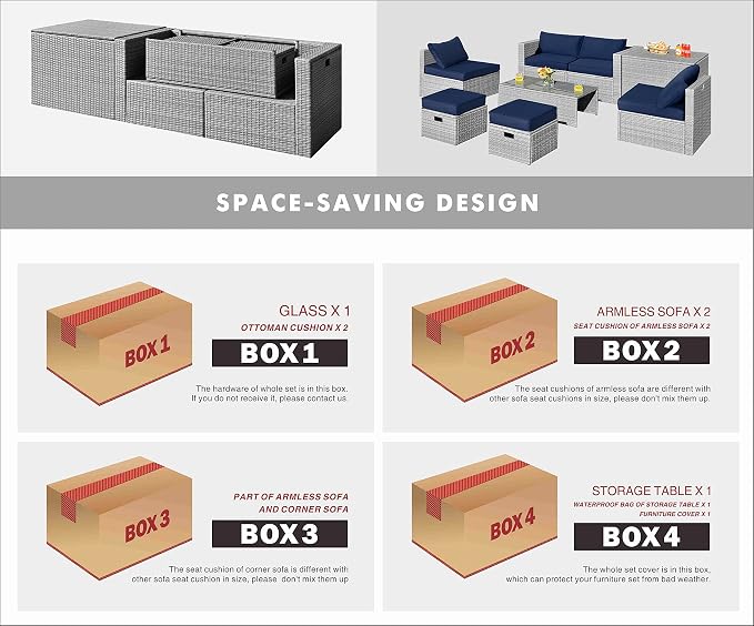 Tangkula 8 Piece Patio Wicker Furniture Set, Patiojoy Space Saving Outdoor PE Rattan Conversation Set with Storage Box & Waterproof Cover, Coffee Table, 2 Ottomans, 2 Armless Sofas & 2 Corner Sofas