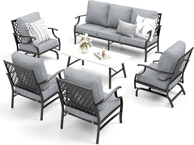 MIXPATIO Patio Furniture Set 6 pcs, Outdoor Patio Furniture, 1 X 3-Seat Sofa, 2 X Single Chairs, 2 X Rocker Chairs, 1 X Coffee Table and 5.75" Extra Thick Cushion, Patio Conversation Set,Grey