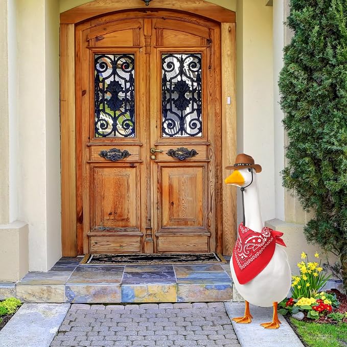 Shyyween Western Cowboy Porch Goose Outfits for 23"/ 17'' Lawn Cement Goose Statue Clothes Cowboy Hat with Bandana Scarf(Brown,Red)