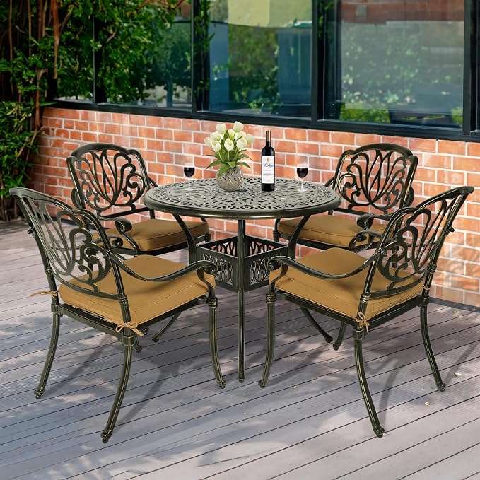 MEETWARM 5 Piece Outdoor Furniture Patio Dining Set, All-Weather Cast Aluminum Patio Table and Chairs Set- 4 Cushioned Chairs, 1 Round Dining Table with Umbrella Hole for Backyard Garden Deck