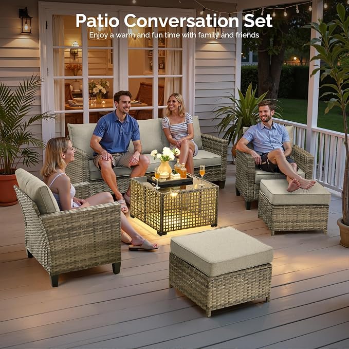 6 Piece Wicker Patio Furniture Set with Solar Table, Dark Gray | Outdoor Deep Seating Sofa Chair Ottoman, Solar Lights Table, All Weather Rattan, Modern Conversation Set, Porch Deck Backyard