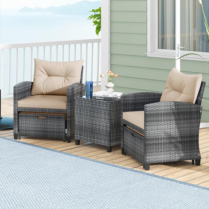 ORALNER 5 Pieces Patio Furniture Set with Ottoman, Wicker Conversation Set w/Cushions, Glass Coffee Table, Outdoor Lounger Rattan Chairs Bistro Set for Porch Balcony Garden Deck Poolside (Beige)