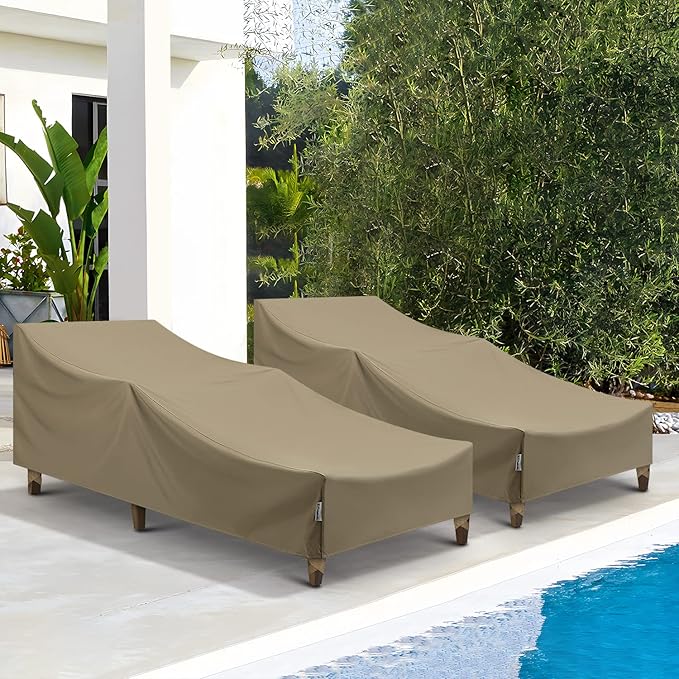 SunPatio Outdoor Chaise Lounge Covers, Heavy Duty Waterproof Beach Chair Cover with Seam Taped, Fade Resistant Patio Chaise Cover, Helpful Air Vents, 2 Pack - 66" L x 30" W x 26" H, Taupe