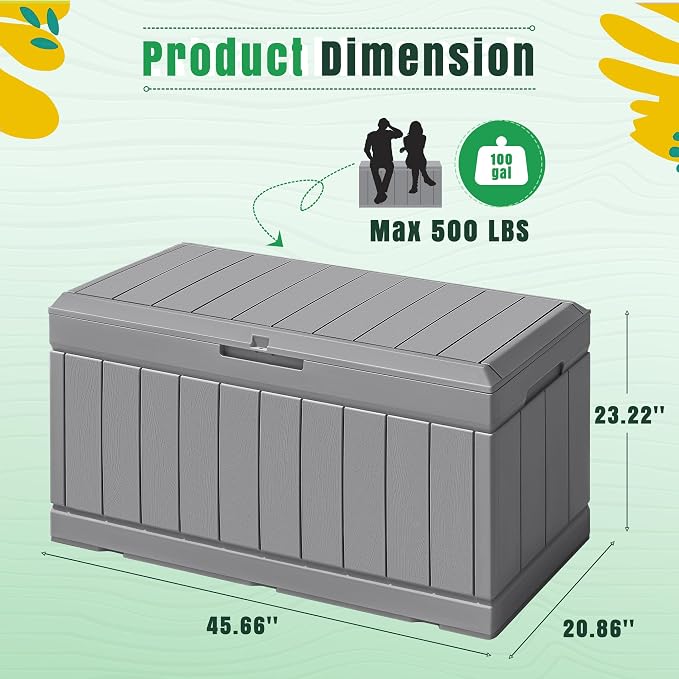 Greesum 82 Gallon Resin Deck Box Large Outdoor Storage for Patio Furniture, Garden Tools, Pool Supplies, Weatherproof and UV Resistant, Lockable, Light Grey