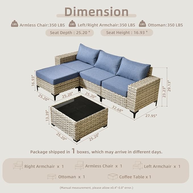 Outdoor Sectional Patio Furniture Set,5 Pieces Wicker Conversation Sets L Shaped Couch,Extra Deep Out Door Sofa Outside Furniture,Blue
