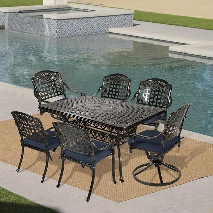 VIVIJASON 7-Piece Patio Furniture Dining Set, Outdoor Cast Aluminum Conversation Set, Include 4 Stationary Chairs, 2 Swivel Dining Chairs and a Rectangle Table with 2" Umbrella Hole, Navy Blue Cushion