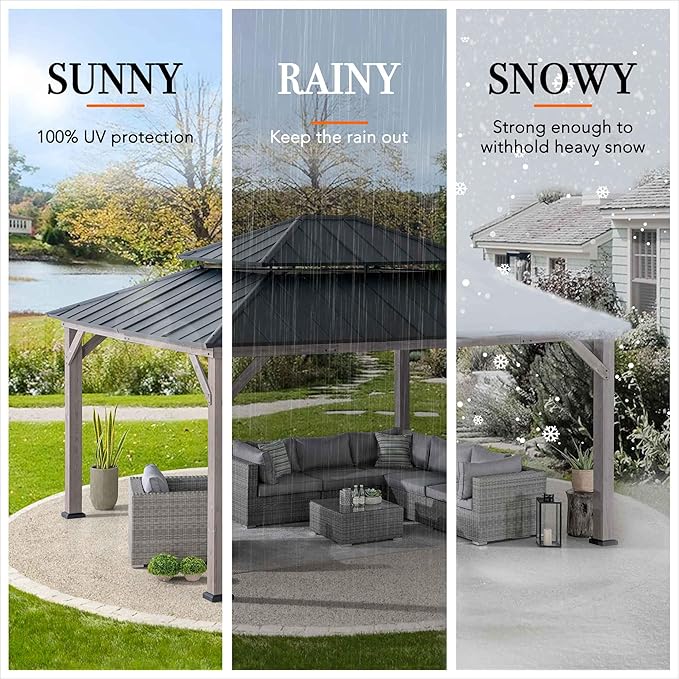 SUNJOY 13 x 15 ft. Wood Gazebo, Outdoor Patio Cedar Framed Wooden Hardtop Gazebo with 2-Tier Metal Roof, Suitable for Patios, Lawn and Backyard, Matte Black Roof + Gray Wood Frame