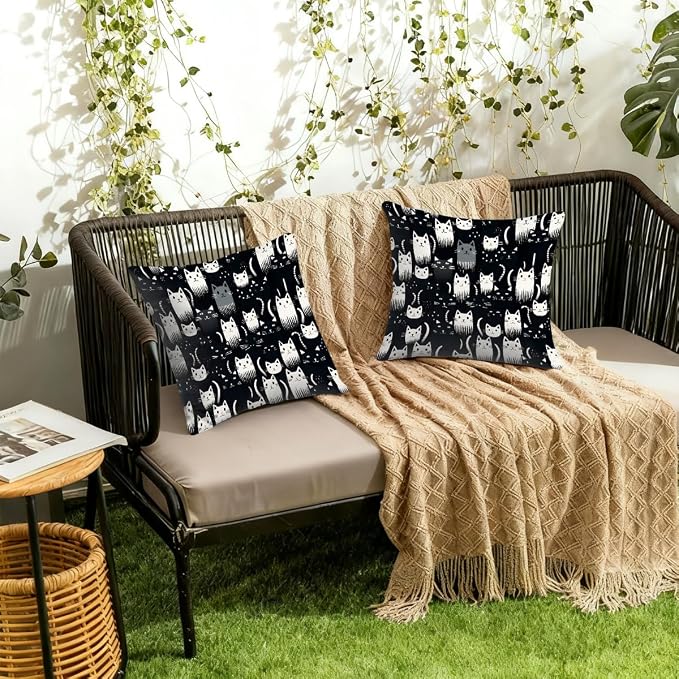 18x18 Inch Outdoor Pillow Covers Set of 2 Waterproof Throw Pillow Covers Decorative Couch Cushion Covers Cats Black White Square Pillowcases Protectors for Patio Garden Sofa