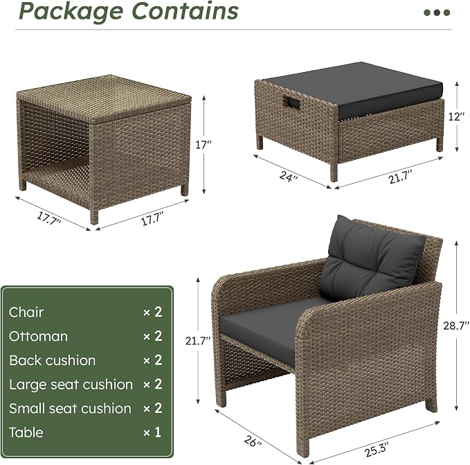 LHBcraft 5 Pieces Patio Set, PE Rattan Patio Conversation Set with Soft Cushions & Coffee Table, Outdoor Chairs with Hidden Ottoman for Porch, Lawn, Garden, Balcony, Black