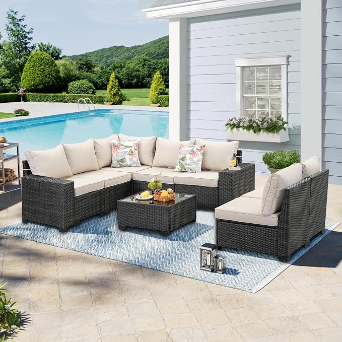 8 Pieces Patio Furniture Set,Wicker PE Rattan Outdoor Sectional with Cushion & Coffee Table, Patio Conversation Sofa for Garden, Backyard, Poolside, Beige