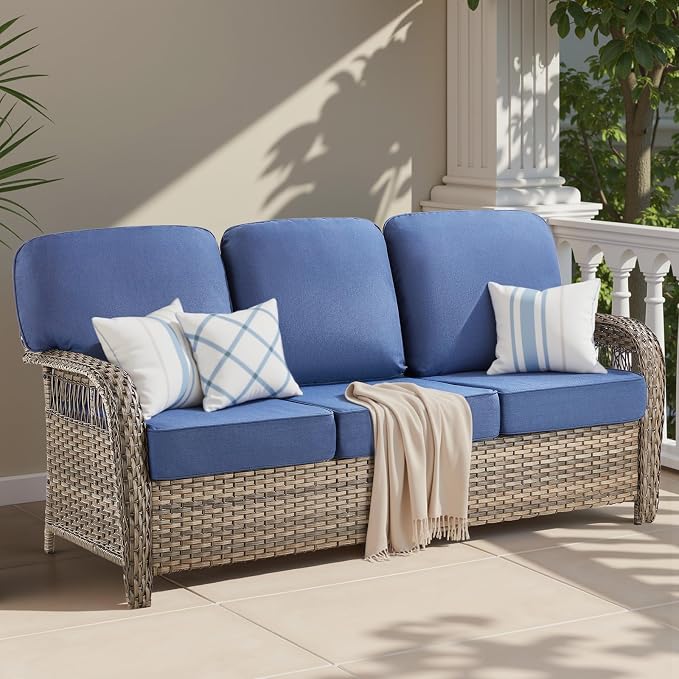 75'' Patio Couch Outdoor Wicker Sofa, Heavy Duty All-Weather Rattan 3-Seater Sofa with Deep Seating and Removable Cover, Outdoor Patio Furniture for Deck Porch Sunroom Backyard, Blue