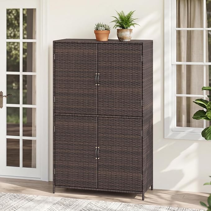 Tangkula Rattan Outdoor Storage Cabinet with 2 Adjustable Shelves | Patiojoy Outdoor Cabinet with Adjustable Shelves, 4 Doors, Patio Storage Deck Box Table for Patio Garden Poolside, Mix Brown