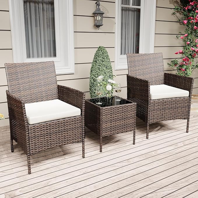 GAOMON 3 Pieces Outdoor Patio Furniture Set, PE Rattan Porch Chairs with Soft Cushion and Glass Coffee Table, Outdoor Patio Set for Backyard Porch Poolside, Brown and Beige