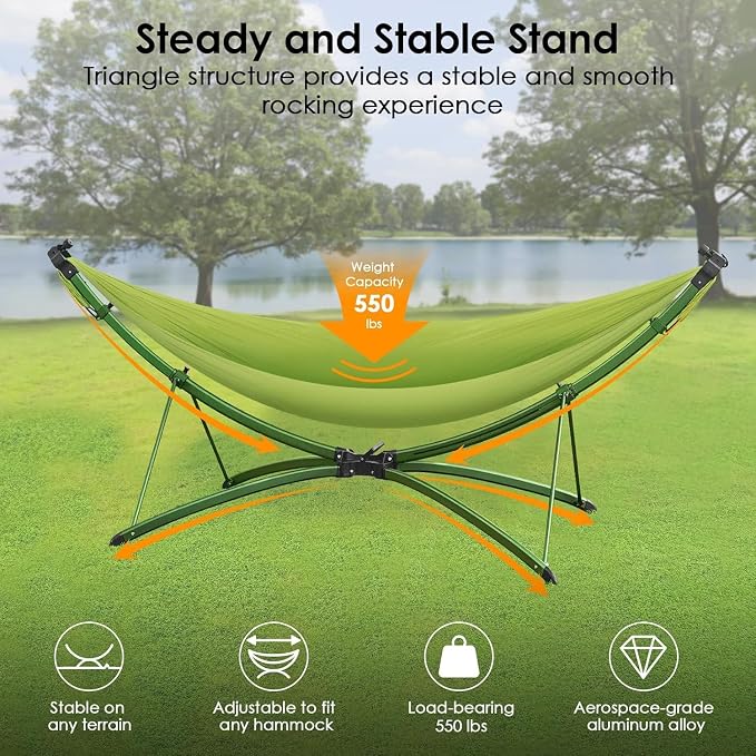 Portable Outdoor/Garden Hammock with Folding StandStand, Adjustable Sunshade Canopy and Storage Bag, Adult/Child Hammock Chair for Camping, Home Gardens, Hotels, Beaches,Forest (Green)