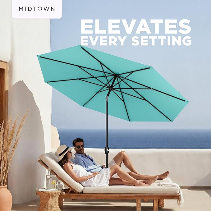 Midtown Umbrellas – The Lean 9 Ft Patio Umbrella with 10-Year-No-Fade Acrylast Acrylic Fabric, Auto-Tilt and 8 Reinforced Ribs for Deck, Pool, Garden, Hotel & Cafes – Azure Canopy, Black Pole