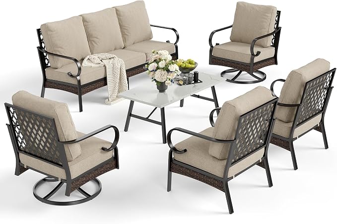 SUNSHINE VALLEY 6 Piece Metal Outdoor Patio Furniture Set, Patio Conversation Set with 3-Seater Couch, 2 Fixed Sofa, 2 Swivel Sofa (5.75" Thick Cushion) & Coffee Table Black Backyard Furniture, Beige