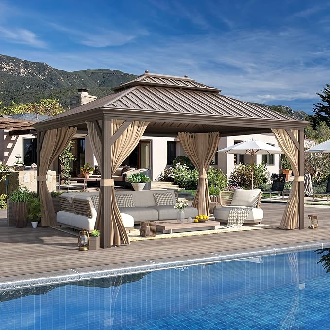 EROMMY 12'x14' Hardtop Gazebo, Galvanized Steel Outdoor Aluminum Canopy with Netting and Shaded Curtains, Double Roof Pergolas, Permanent Metal Pavilion for Patio, Backyard, Deck and Lawns