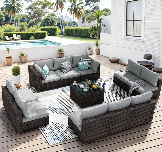 11 Piece Patio Furniture Set All Weather PE Rattan Outdoor Sectional Sofa Couch with No-Slip Cushions and Glass Top Table for Garden, Poolside, Backyard (Gray)
