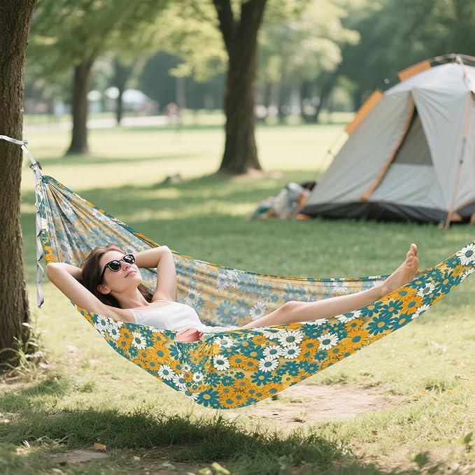 Camping Hammock Outdoor Hammocks for Outside White Green Yellow Flower Beach Trees Portable Lightweight with Pockets Tree Straps Indoor