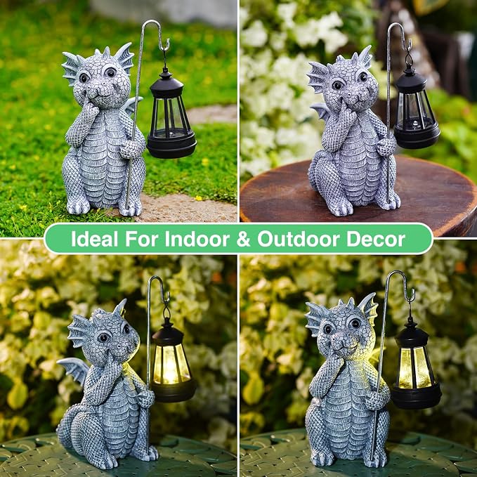Goodeco Dragon Garden Statue Outdoor with Solar Lantern - Resin Dragon Decor for Garden, Patio, and Yard - 8.3 inches Dragon Gifts & Decorations (Dragon)