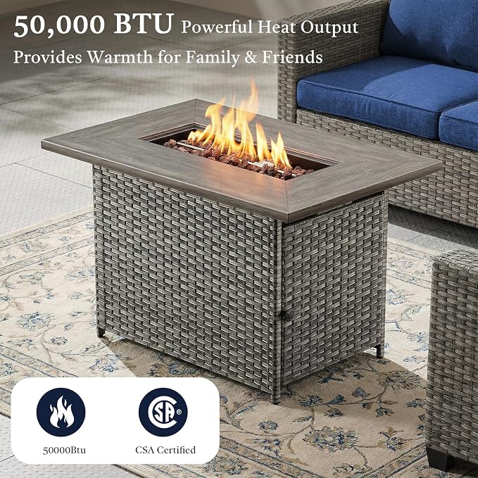 Patio Furniture Set with 41" Fire Pit Table - High Back Patio Conversation Set with 4 Inch Thick Cushions and Deep Seating Swivel Glider Chairs & Outdoor Couch for Porch Deck Yard Pool Brown