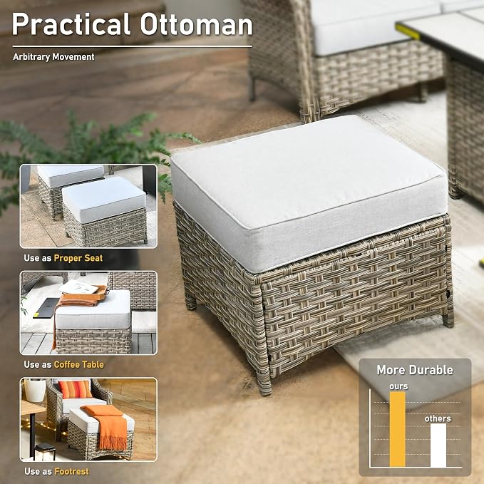 HOOOWOOO 6 Piece Patio Furniture Sets with Fire Pit Table,Outdoor Wicker Furniture Set,All Weather Resistant Outside High Back Rattan Conversation Set for Out Door(Light Grey Gray)