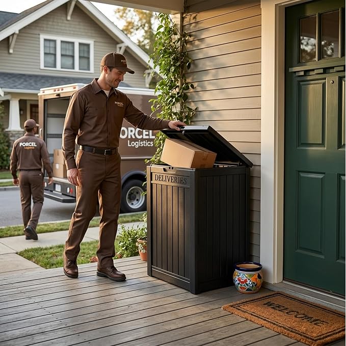 Package Delivery Box, Lockable Resin Outdoor Package, Waterproof Deck Box for Porches, Patios, Indoor & Outdoor Use (57 Gallon, Black)
