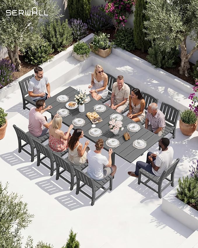 SERWALL 10-Piece Patio Dining Sets with 15FT Patio Umbrella, 60" - 83" Expandable Outdoor Dining Table and 8 HDPE Chairs, All Weather HDPE Outdoor Furniture Set, Grey (Umbreall Base not Included)