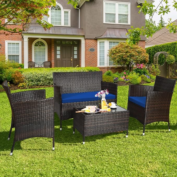 4 Pieces Patio Sofa Set, Wicker Conversation Set with Ergonomic Curved Backrest, Rattan Furniture Set with Water-Resistant Cushion & Tempered Glass Table for Balcony, Porch (Navy Blue)