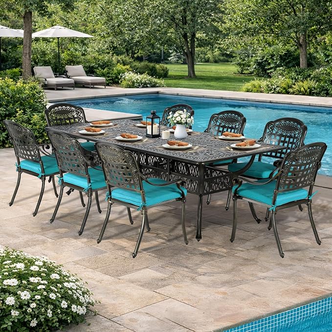 VIVIJASON 9-Piece Outdoor Dining Set, Cast Aluminum Retro Patio Furniture Table and Chairs Set for 8, Include Large 94.5" Rectangular Dining Table and 8 Chairs with Umbrella Hole, Ocean Blue Cushion