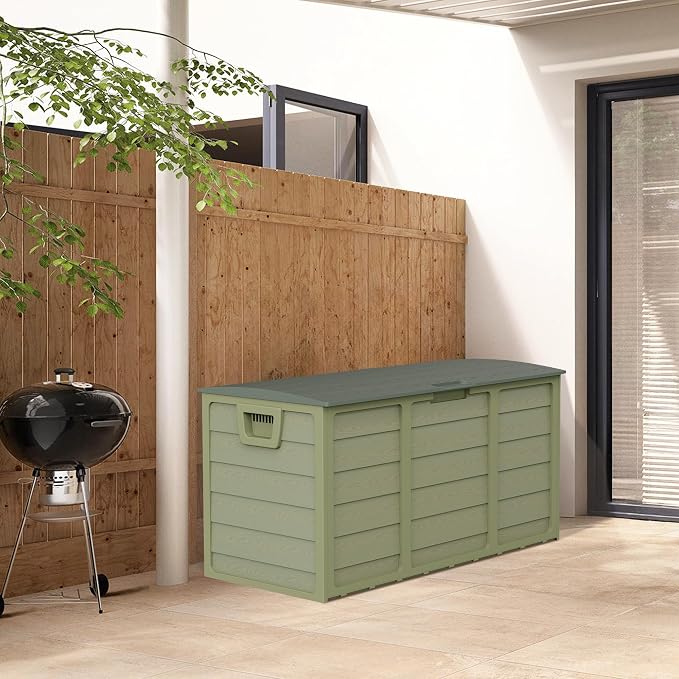 75 Gallon Outdoor Deck Storage Box – Heavy Duty Resin with Lockable Lid, Waterproof & UV Resistant for Patio Furniture, Garden Tools(Green)