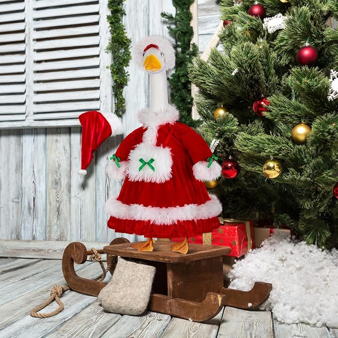 Suzile Christmas Mrs. Claus Goose Outfit Dresses Clothes for 23" High Cement or Plastic Porch Goose Costume for Yard Lawn Outdoor Garden Patio Statue Xmas Santa Holiday Decor
