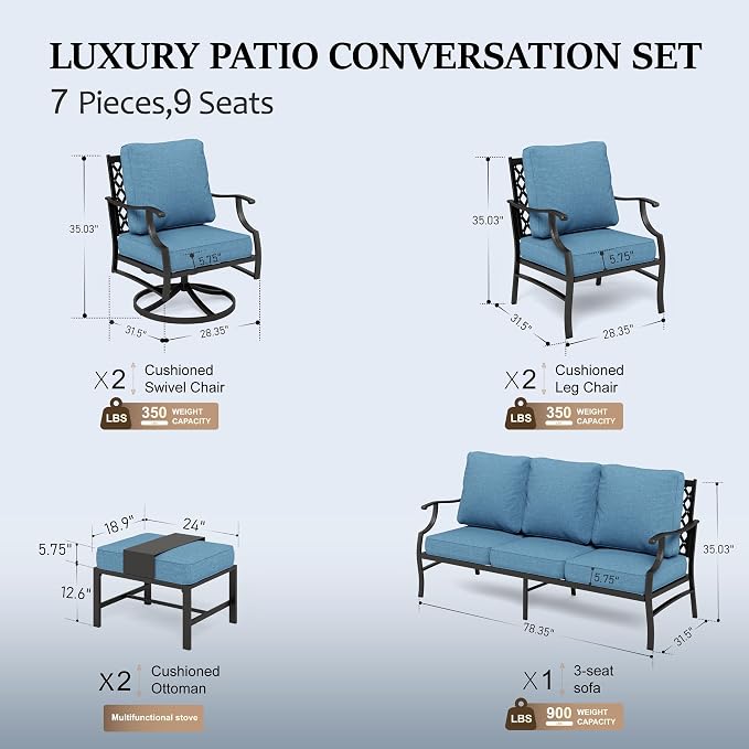 HERA'S HOUSE 7 Piece Patio Furniture Set, 2 x Swivel Chair, 2 x Leg Chair, 2 x Ottoman, 1 x 3-Seat Sofa, All Cushioned 12 Seats Metal Outdoor Conversation Set for Lawn Garden Backyard