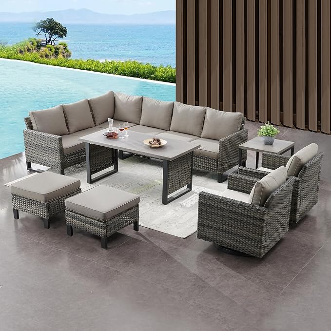 Belord Outdoor Sectional Sofa 6 Seater L Shaped Couch Wicker Patio Conversation Furniture Set with Tree-Grain Finish Metal Dining Table, Rattan Outdoor Furniture with Removable Washable Cushion Blue