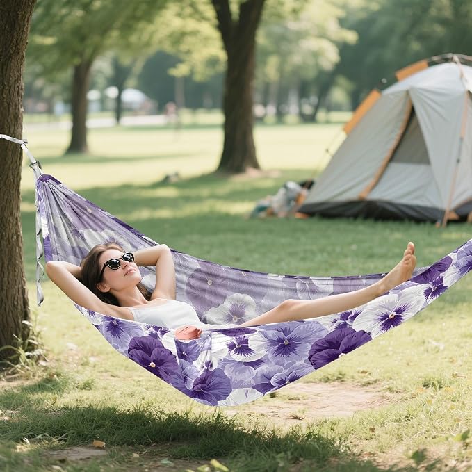 Camping Hammock Outdoor Hammocks for Outside Pansy Flowers White Violet Beach Trees Portable Lightweight with Pockets Tree Straps Indoor Small
