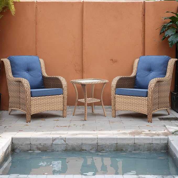 Rilyson Patio Furniture Chairs Outdoor Chair - 2 Piece Wicker Rattan Chairs Set with High Back and Deep Seating for Deck Porch Balcony Backyard Garden(Yellow/Blue)