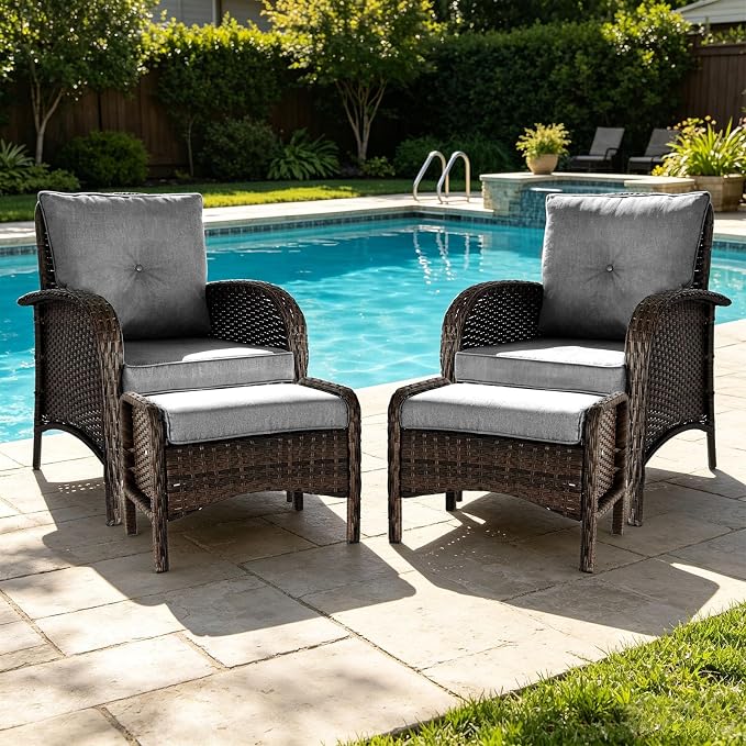 SHGJ&SOFT All Weather Patio Furniture Set, High Back Swivel Rocker Glider Chairs,Ottomans & Glass Tables, Outdoor Conversation Set for Deck Porch Yard Poolside (Grey, 4PCS-Chairs&Ottomans)