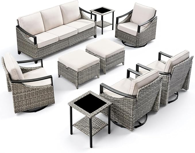 9 Piece Outdoor Patio Furniture Sets-High Back Wicker Swivel Rocker Patio Chairs Set of 4 with Thick Cushions Ottomans, Outdoor Sofa, Patio Conversation Sets for Porch Balcony Patio Deck Grey/Beige