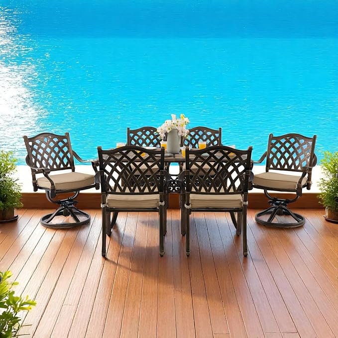 7 Piece Cast Aluminum Outdoor Dining Set, Retro Patio Dining Furniture Set for 6 Includes 59” Table 2 Swivel & 4 Stackable Lattice Chairs with Cushions and 2“ Umbrella Hole for Porch Poolside Garden