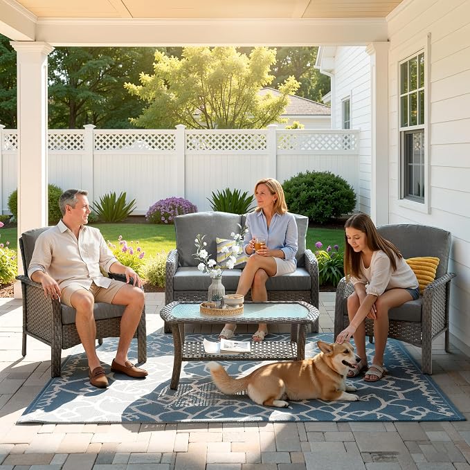 Wicker Patio Furniture Set High Back Loveseat Sofa Couch Armchair Coffee Table, All Weather Rattan 4 Pieces Outdoor Conversation Sets for Patio Porch Deck Backyard Poolside, Dark Gray