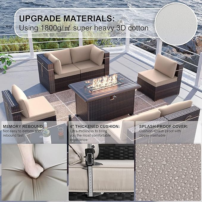 Kullavik 11PCS Outdoor Patio Furniture Set,PE Wicker Rattan Sectional Sofa Patio Conversation Sets with 43" 55000BTU Gas Propane Fire Pit Table,Swivel Rocking Chairs Set,Sand