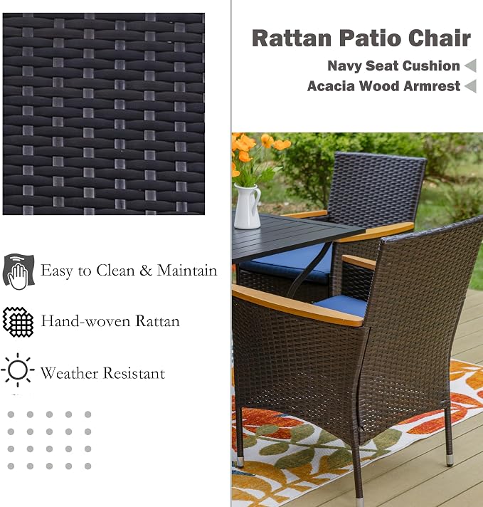 Sophia & William 5 Pieces Patio Dining Set for 4 People, Patio Table and Rattan Chairs Set, Square Metal Outdoor Table and Wicker Chairs, 1.57" Umbrella Hole, Seat Cushions
