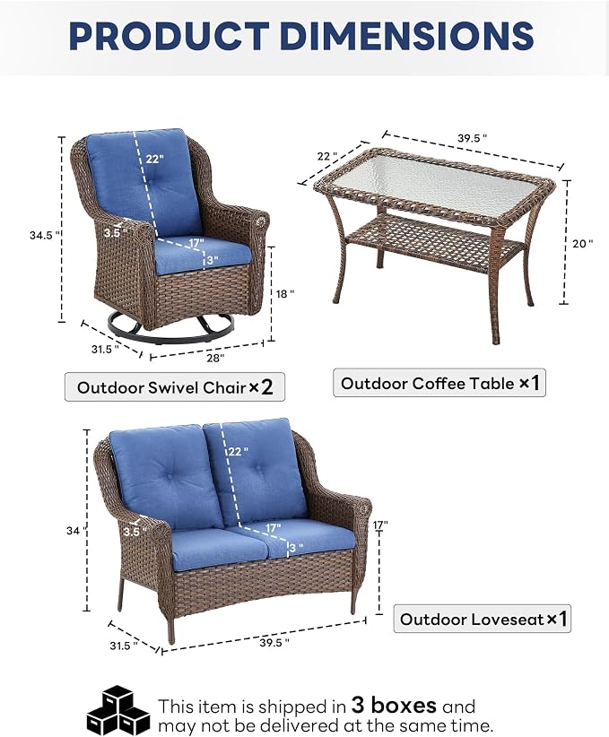 4 Pieces Patio Furniture Set-All Weather Wicker Rattan Swivel Patio Chairs Set of 2 with Patio Loveseat Outdoor Furniture for Patio Deck Porch Garden Backyard-Brown/Blue