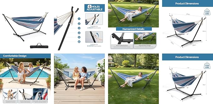 Double Hammocks with Stand for Outside,9FT Hammocks with Carrying Bag for 2 Person,Portable Space Saving Heavy-Duty Steel Stand for Indoor Outdoor Patio Yard,Easy Assembly (Blue & Purple)