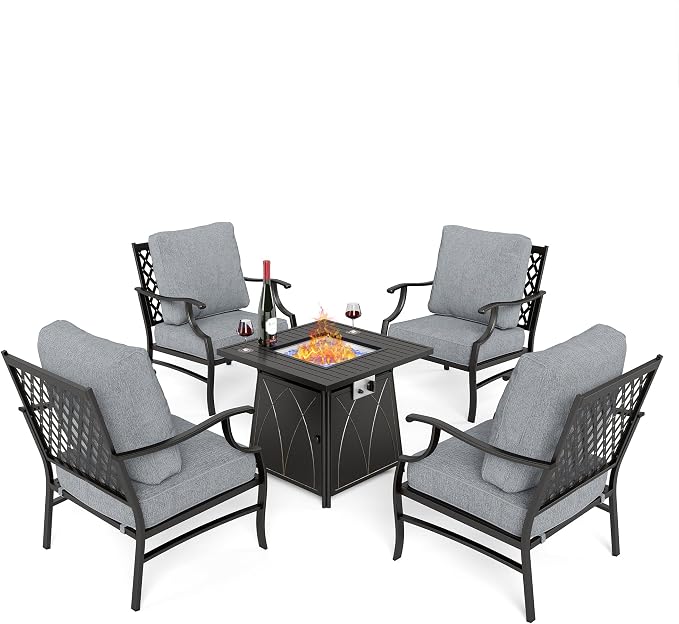 SUNSHINE VALLEY 5 Piece Metal Outdoor Patio Furniture Set with Fire Pit Table, Patio Conversation Sets 4 Fixed Chairs with 5.75" Thick Cushion and 5000 BTU Fire Pit Table, Backyard Furniture, Gray