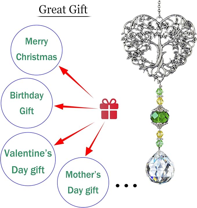 Tree of Life Heart Crystal Suncatcher Prism Rainbow Maker Window Decor | Tree of Life Heart Shaped Crystal Drop Prism Suncatcher Hanging Ornament for Window Garden Home Office Wedding Party Decor