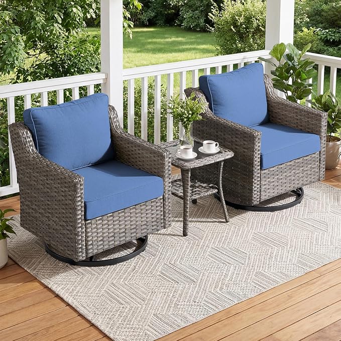 Outdoor Furniture Set of 3, Patio Chairs with Luxury 4" Cushion, Wicker Swivel Rocker Patio Chairs, and Side Table, High Back&Deep Seat for Garden Deck Porch Balcony Backyard - Blue