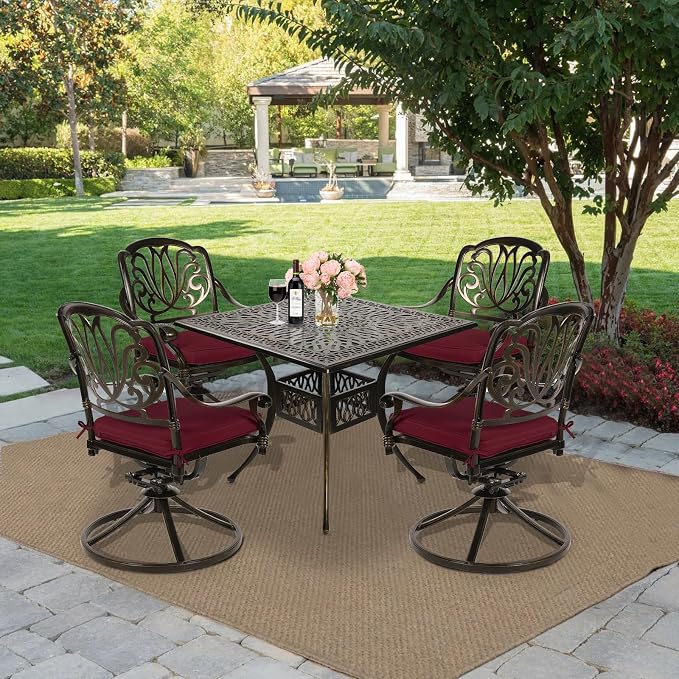 MEETWARM 5-Piece Outdoor Patio Dining Set, All-Weather Cast Aluminum Patio Conversation Set for Backyard Garden Deck with 4 Cushions Swivel Rocker Chairs and 35.4" Square Table, Chili Red