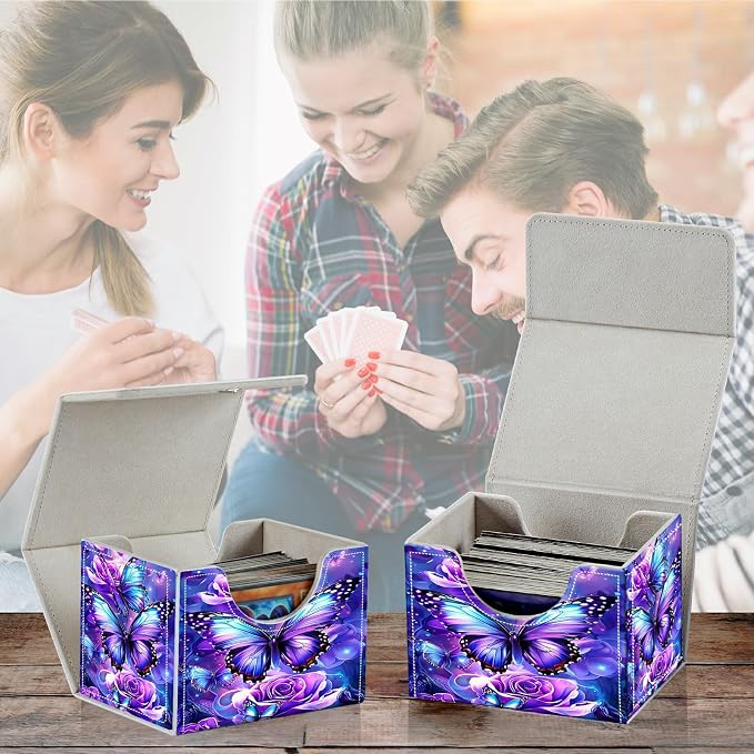 Card Deck Box for MTG, Cards Storage Box Fits 120+ Sleeved, Leather Small Size Strong Magnetic Closing Card Case for Board Games Magic TCG CCG Baseball Collection, Purple Butterfly Flower